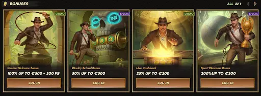 Übersichtliche Bonus-Sektion mit mehreren Abenteuermotiven aus einem Tempel, die verschiedene Willkommens-, Reload- und Cashback-Angebote darstellen und den einfachen Zugriff auf exklusive Aktionen im sankra online casino veranschaulichen